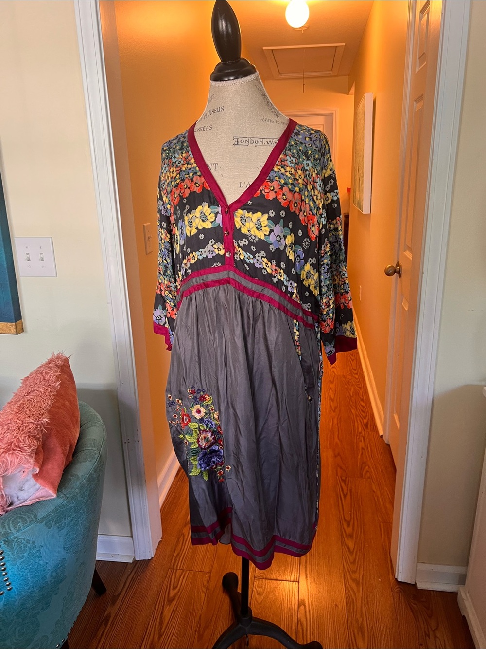 Johnny Was Multicolor Floral V-Neck Midi Dress with Gray Skirt